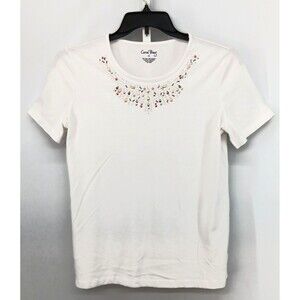 Coral Bay Shirt Women Medium White Beaded Round Neck Short Sleeve Casual Top